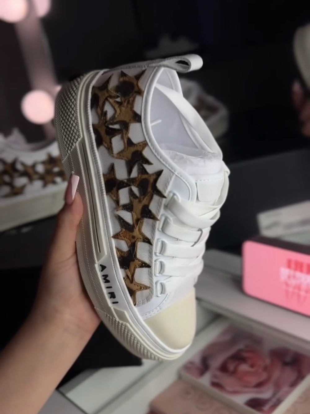 White Low-Top Sneakers with Brown Star Accents